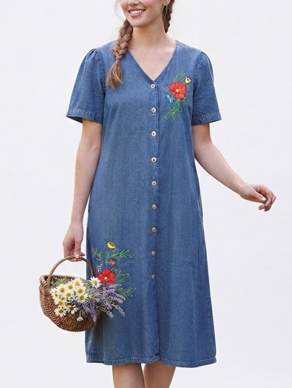 Vintage 90s Anthony Richards Embroidered Floral Denim Dress Blue XL